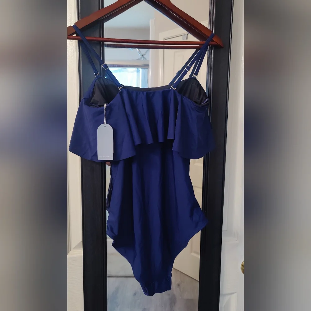 NWT Elegant Navy Blue Ruffle One-Piece Swimsuit